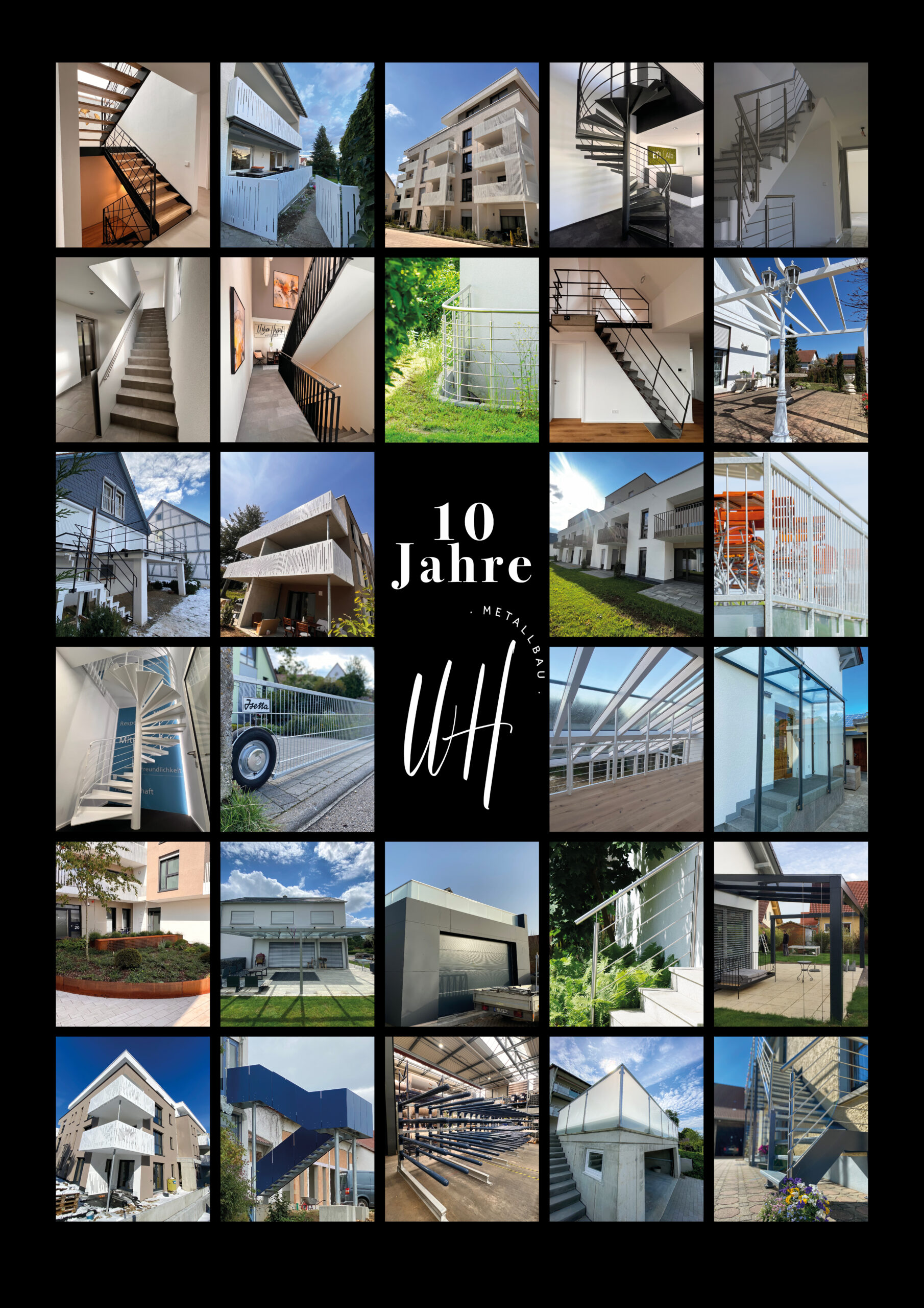 Jubiläums-Collage im Stil eines berühmten Lifestyle-Magazins, mit 28 symbolischen Darstellungen erfolgreicher Metallbau-Projekte – von sinnlich geschwungenen Wendeltreppen über elegante Balkonbrüstungen bis zu freizügig offen gestalteten Carports. In der Mitte prangt stolz der Schriftzug „10 Jahre – UH – Exklusive, eingerahmt von handverlesenen Baukörpern mit stahlhartem Wiedererkennungswert. Eine visuelle Liebeserklärung an 10 Jahre Leidenschaft, Präzision – und geschweißte Verbindungen.