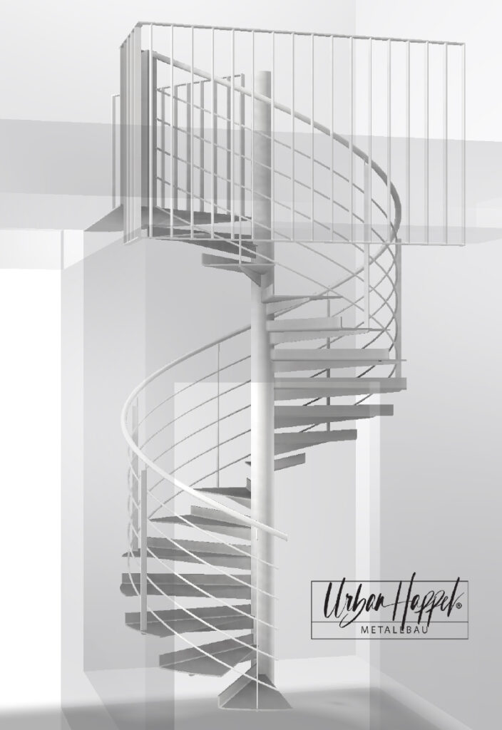 Wendeltreppe Gesamtansicht CAD 3D-CAD-Ansicht einer freistehenden Wendeltreppe mit mittigem Trägerrohr, gewendelten Trittstufen und durchgehendem Edelstahlgeländer. Die Darstellung zeigt eine Planungssituation im Innenraum mit angedeuteten Wänden und Podestgeländer. Entwurf von Urban Happel Metallbau.