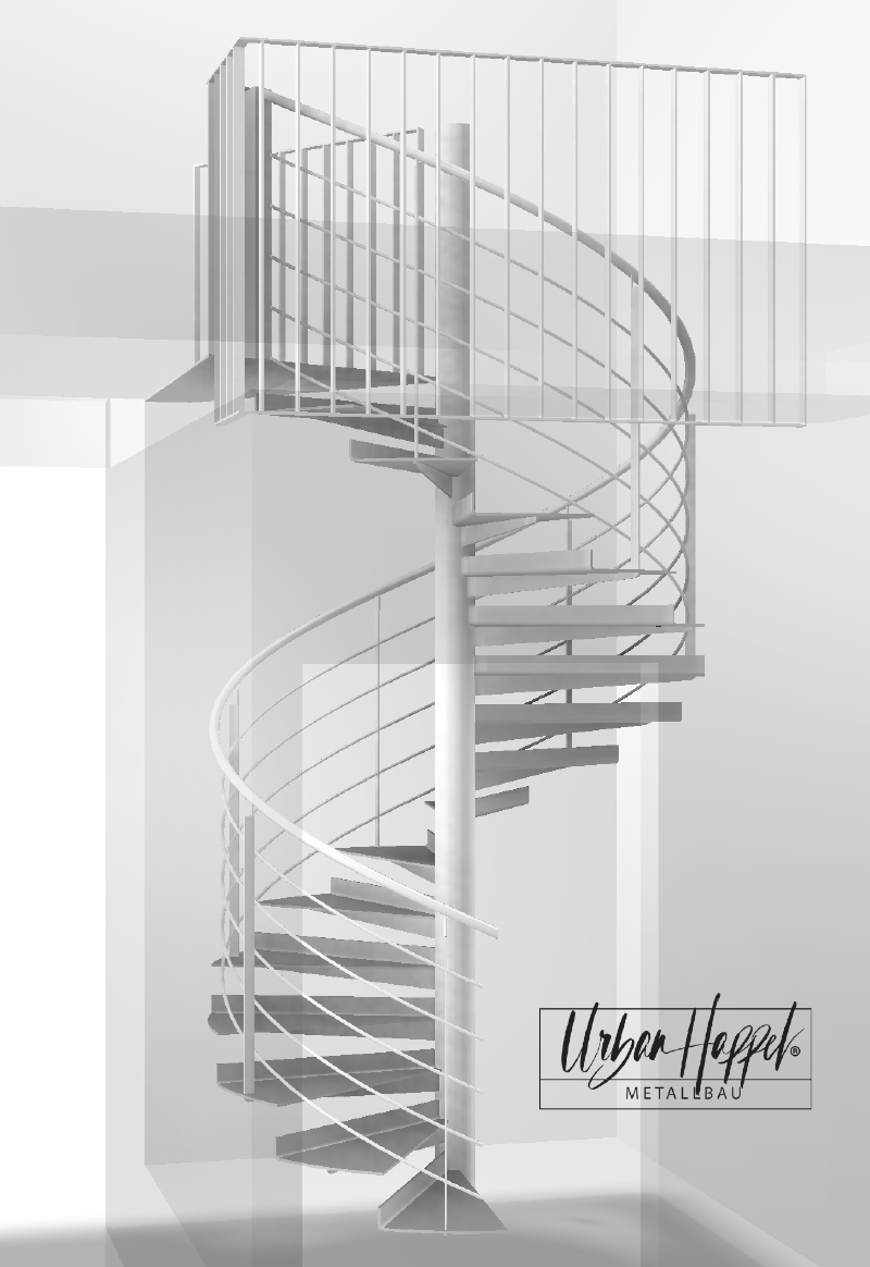 3D-CAD-Ansicht einer freistehenden Wendeltreppe mit mittigem Trägerrohr, gewendelten Trittstufen und durchgehendem Edelstahlgeländer. Die Darstellung zeigt eine Planungssituation im Innenraum mit angedeuteten Wänden und Podestgeländer. Entwurf von Urban Happel Metallbau.